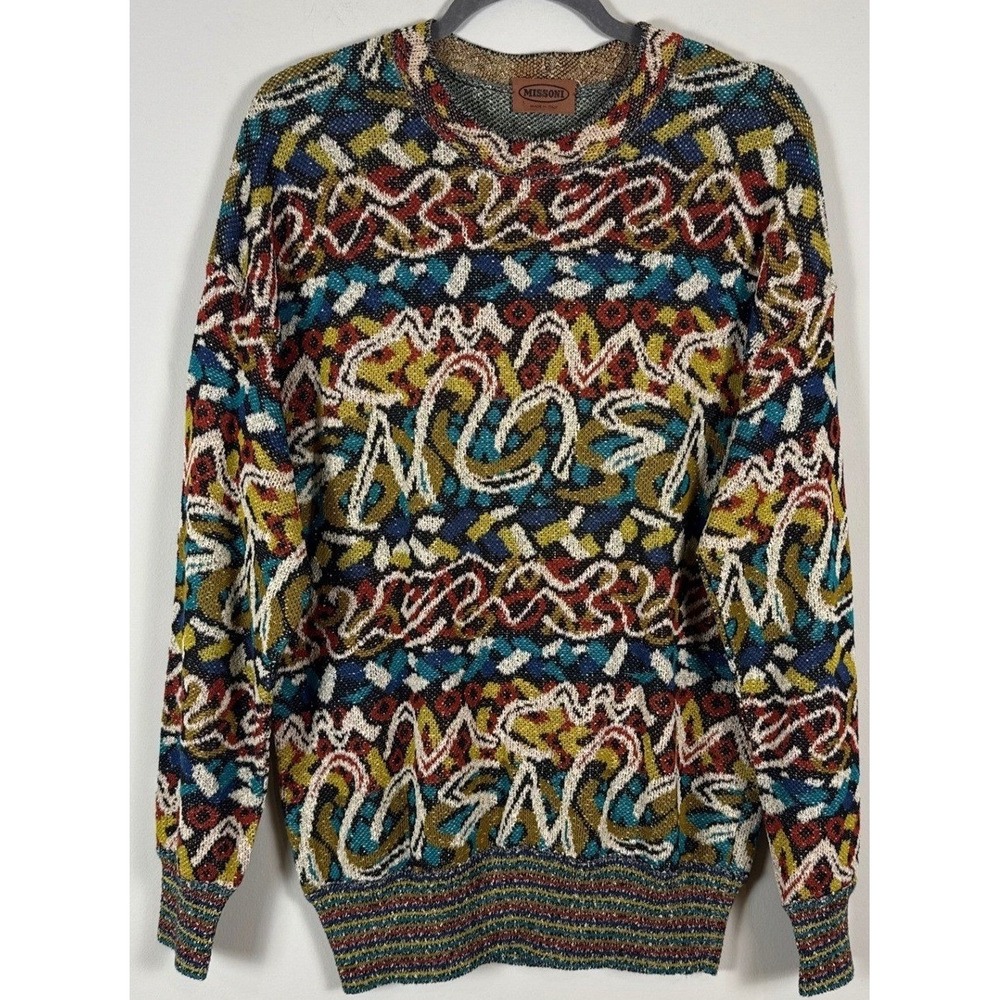 Missoni Italy Abstract Multi Color Graphic Knit Crewneck Sweater Mens L